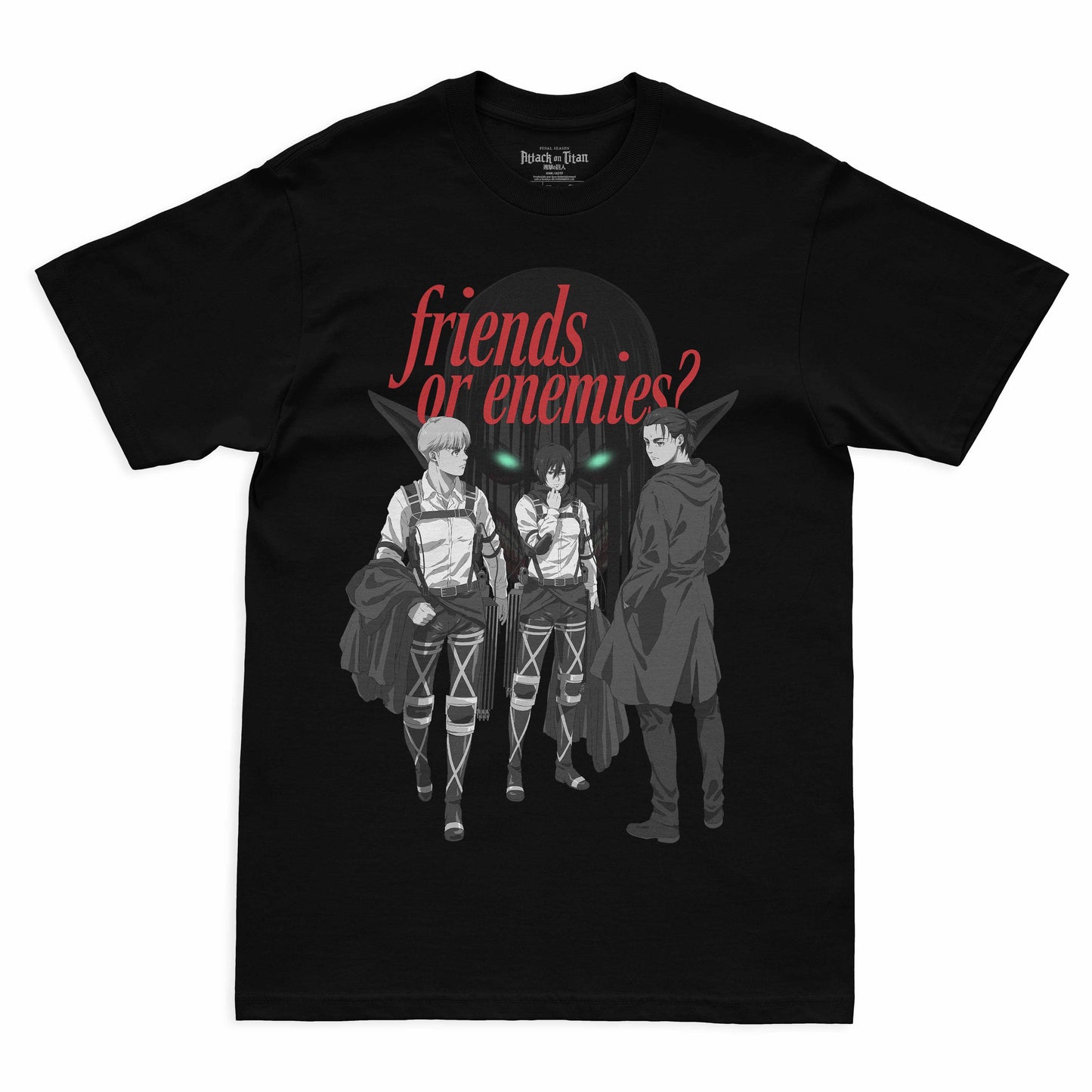 Camiseta Preta Attack on Titan Final Season "Amigos ou Inimigos?"