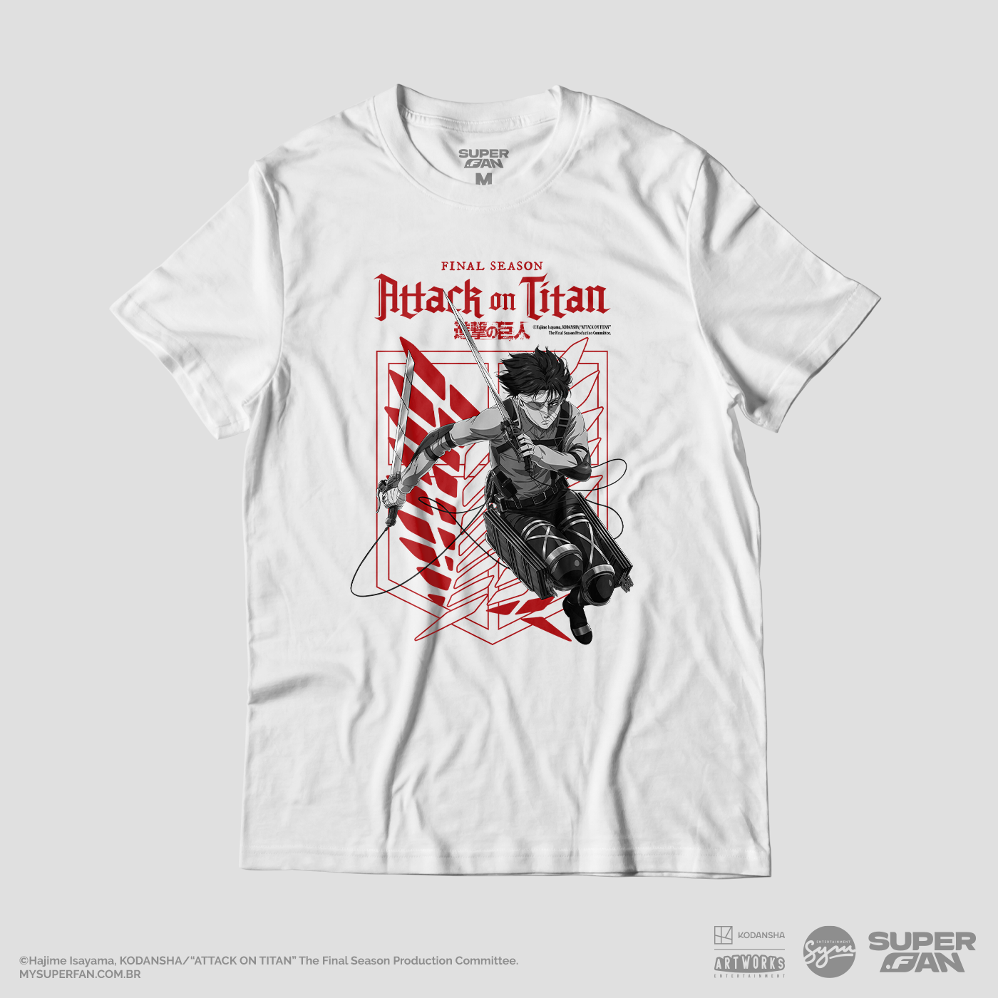 Camiseta Branca Attack on Titan Final Season Levi Ackerman Divisão de Reconhecimento