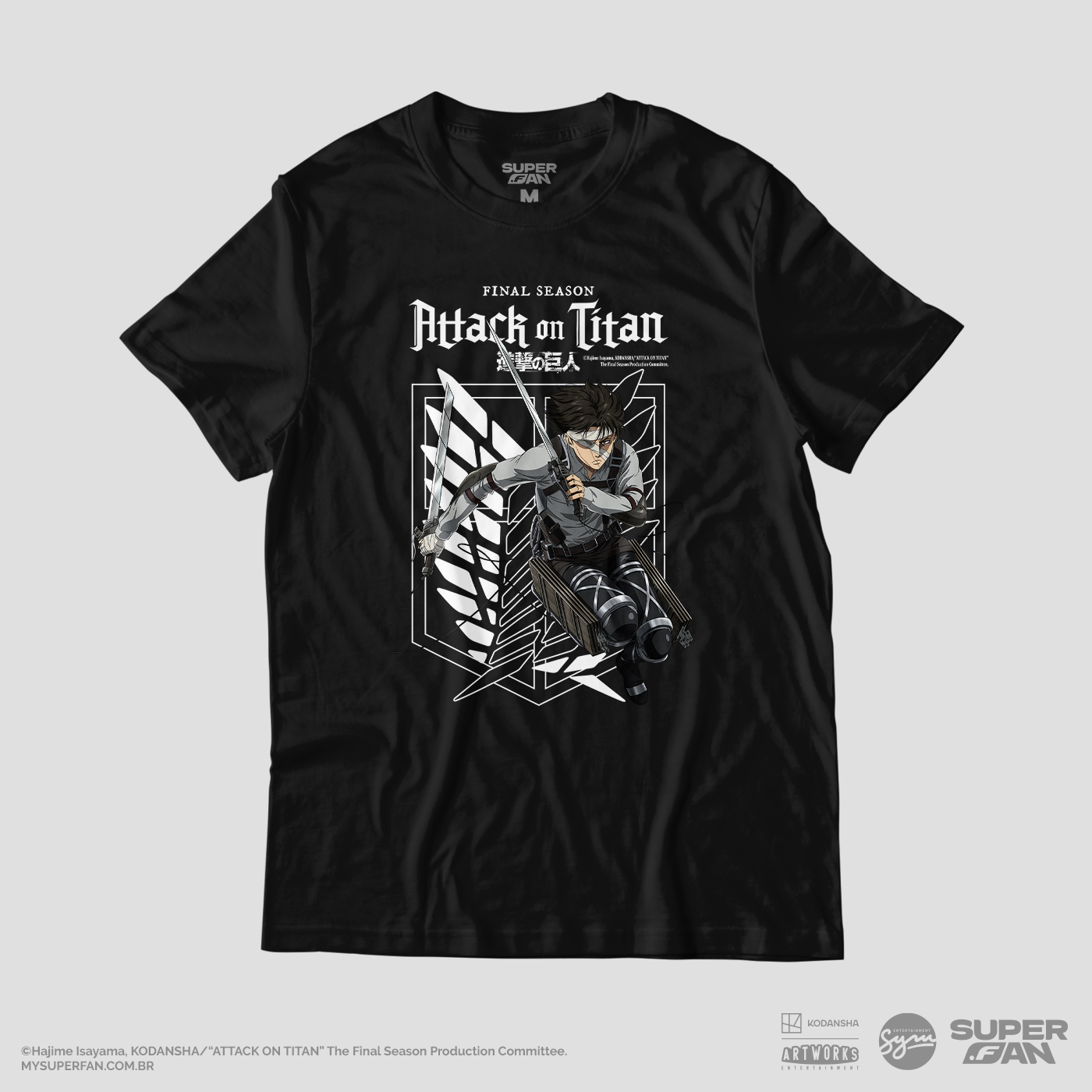 Camiseta Preta Attack on Titan Final Season Levi Ackerman Divisão de Reconhecimento