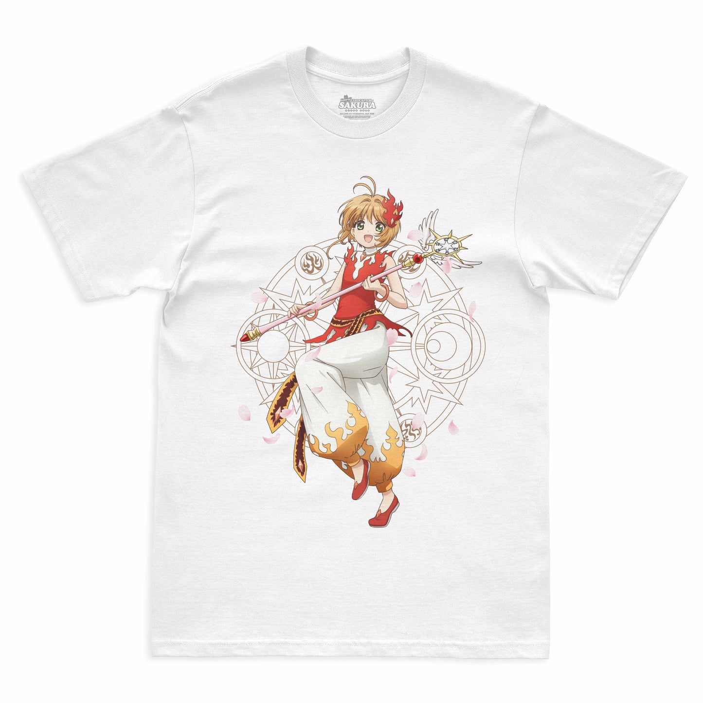 Camiseta Branca Cardcaptor Sakura Traje de Batalha Sakura "Chamas"