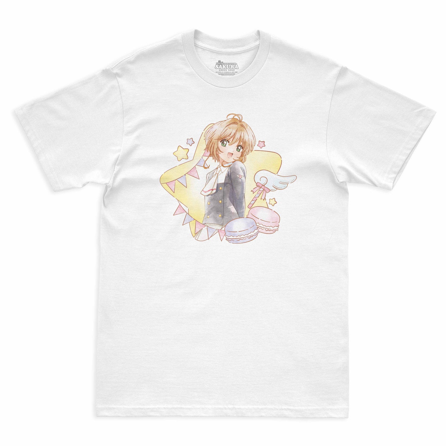 Camiseta Branca Cardcaptor Sakura Escola Tomoeda Sakura "Aquarelada"