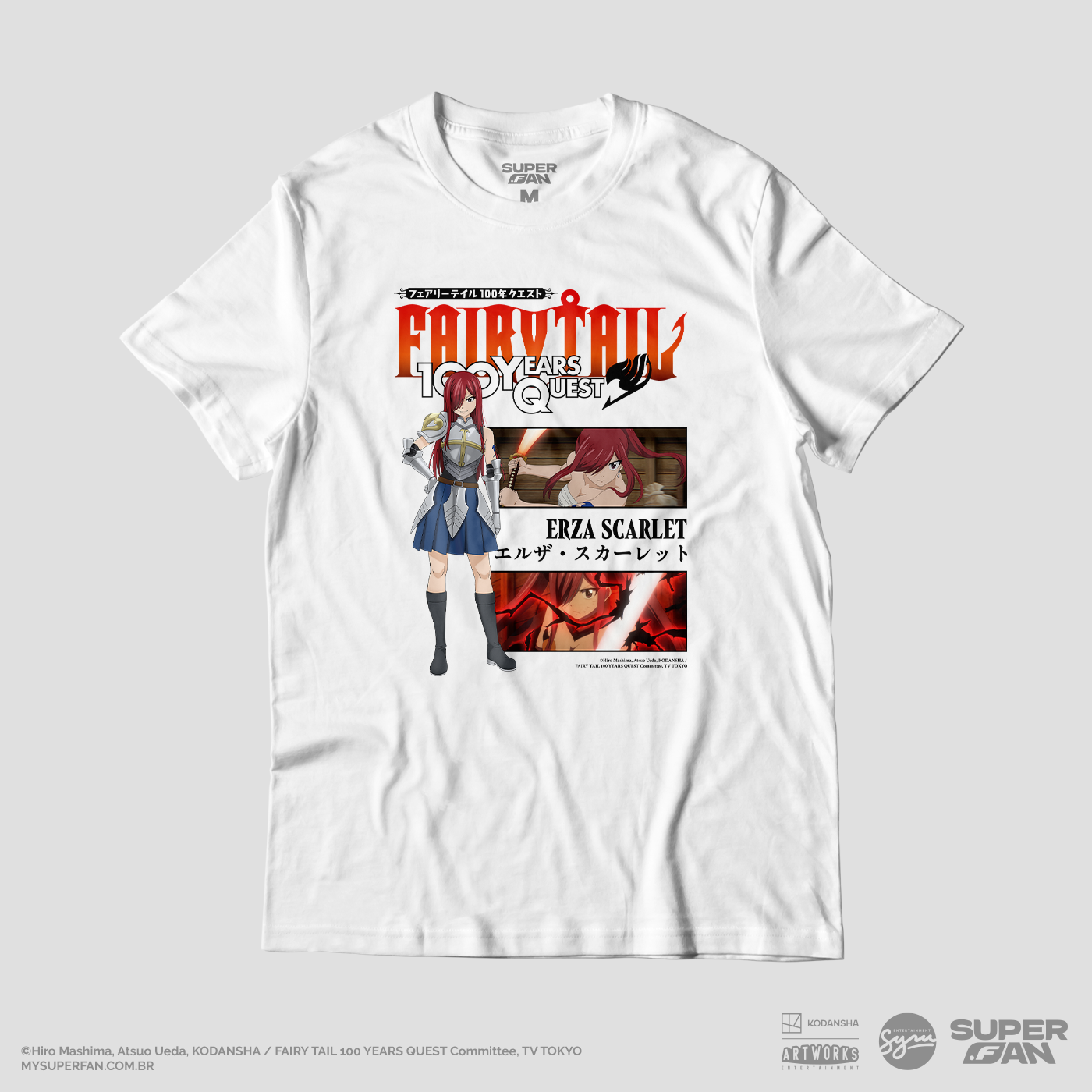 Camiseta Branca FAIRY TAIL 100 YEARS QUEST Erza "Momentos Marcantes"