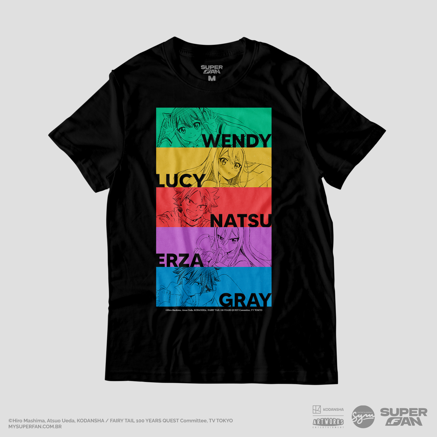 Camiseta Preta FAIRY TAIL 100 YEARS QUEST Natsu, Lucy, Erza, Wendy & Gray
