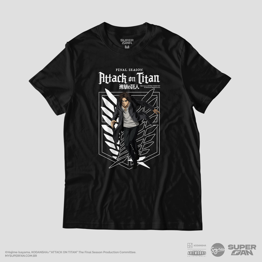 Camiseta Preta Attack on Titan Final Season Eren Jeager Divisão de Reconhecimento