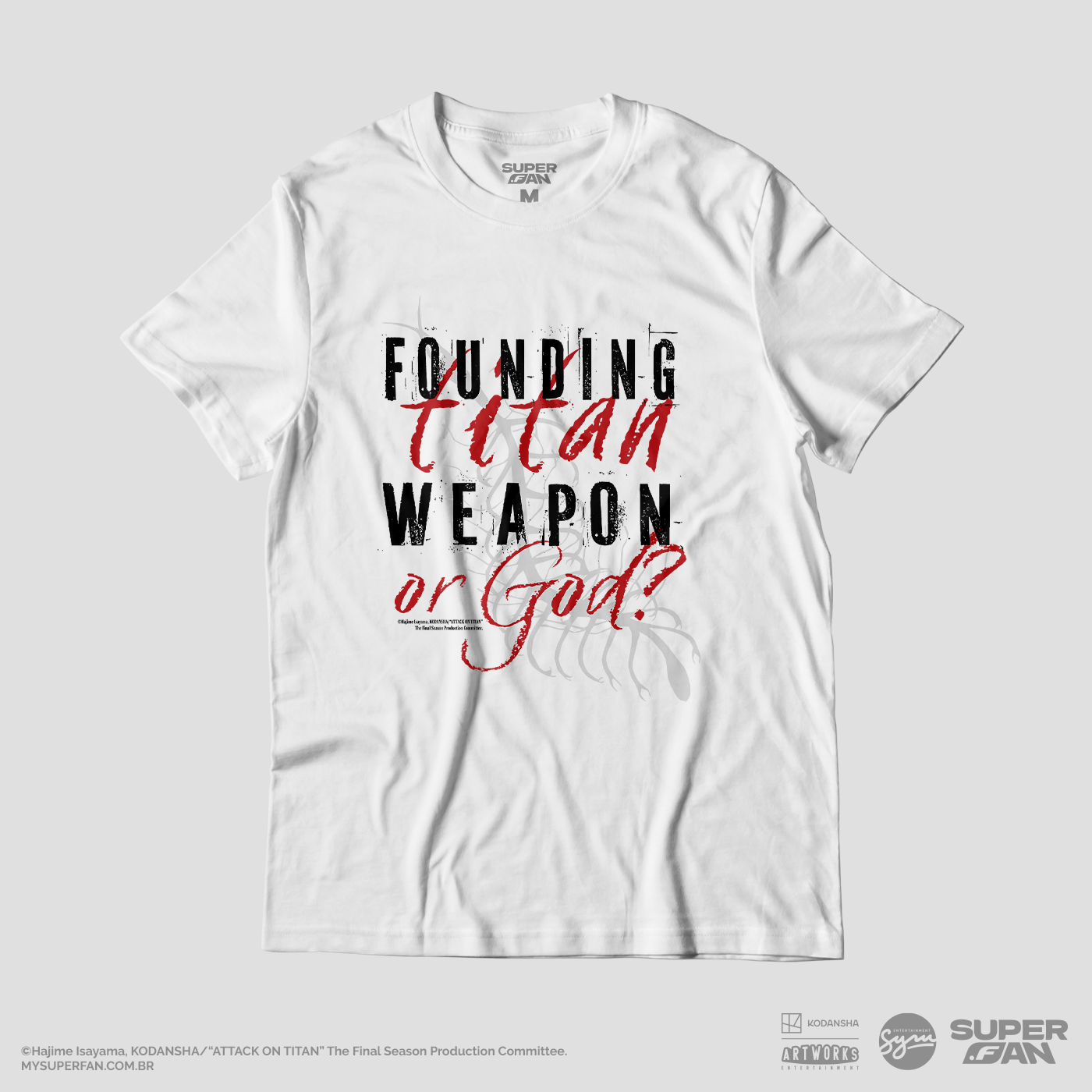 Camiseta Branca Attack on Titan Final Season Titã Fundador "Arma ou Deus?"
