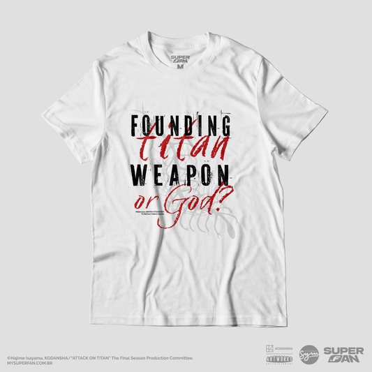 Camiseta Branca Attack on Titan Final Season Titã Fundador "Arma ou Deus?"