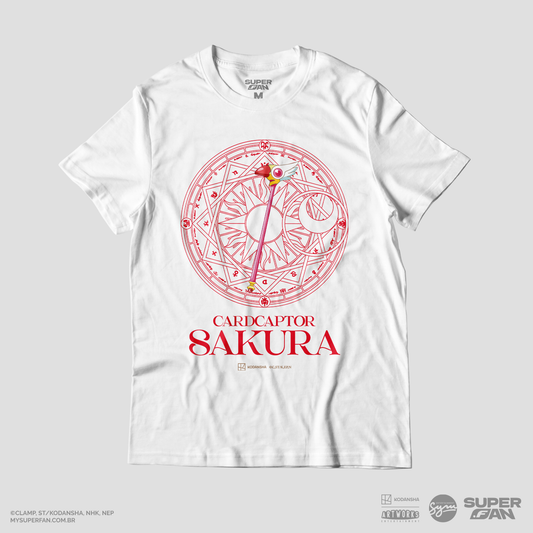 Camiseta Branca Cardcaptor Sakura Báculo & Círculo Clow