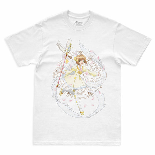 Camiseta Branca Cardcaptor Sakura Traje de Batalha Sakura "Voando"