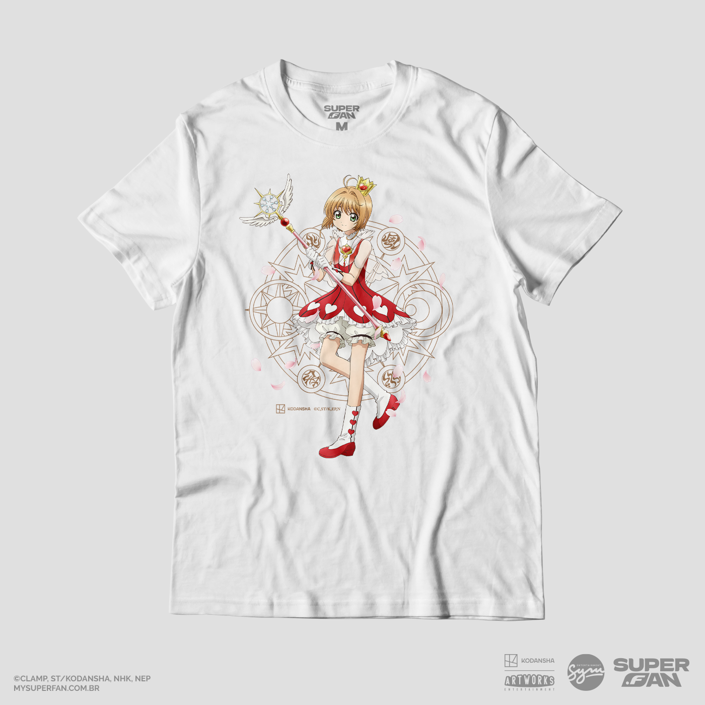 Camiseta Branca Cardcaptor Sakura Traje de Batalha Sakura "Rosas"