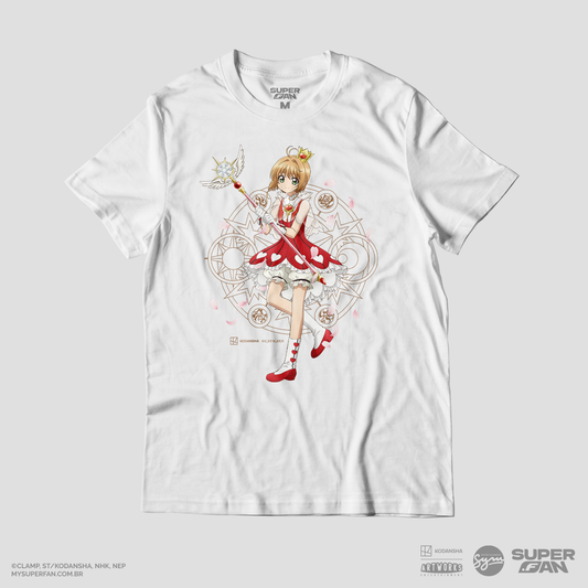 Camiseta Branca Cardcaptor Sakura Traje de Batalha Sakura "Rosas"