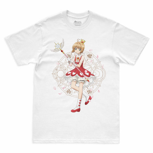 Camiseta Branca Cardcaptor Sakura Traje de Batalha Sakura "Rosas"