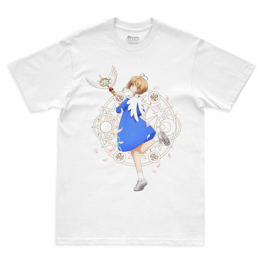 Camiseta Branca Cardcaptor Sakura Traje de Batalha Sakura "Asas"