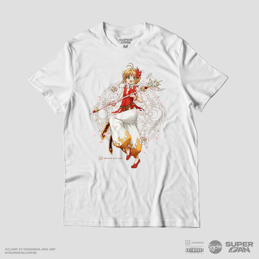Camiseta Branca Cardcaptor Sakura Traje de Batalha Sakura "Chamas"