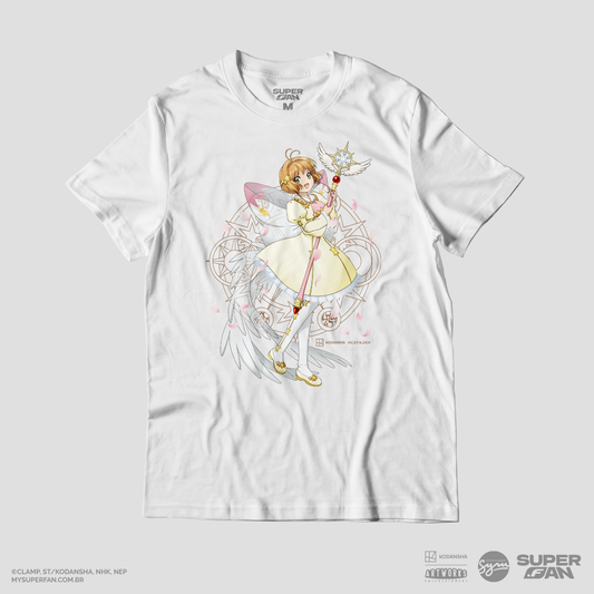 Camiseta Branca Cardcaptor Sakura Traje de Batalha Sakura "Alada"