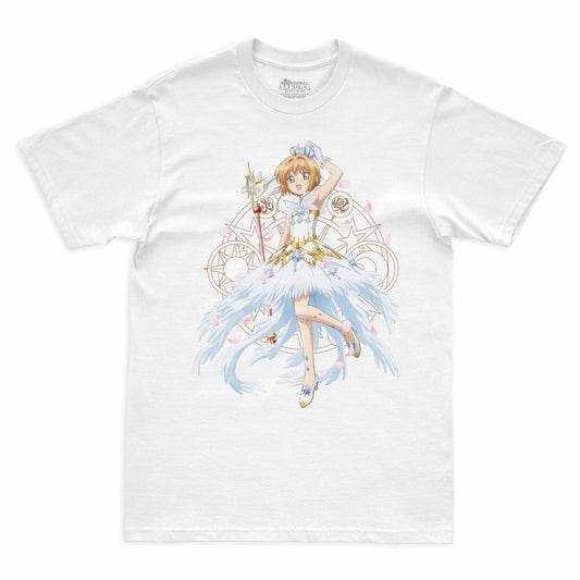 Camiseta Branca Cardcaptor Sakura Traje de Batalha Sakura "Vestido"