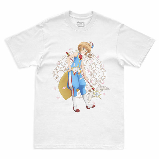 Camiseta Branca Cardcaptor Sakura Traje de Batalha Sakura "Circense"