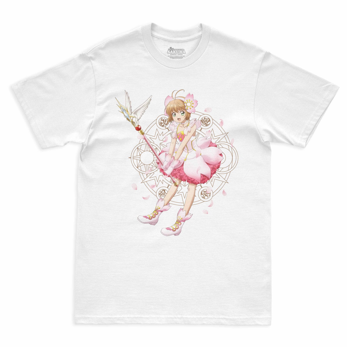 Camiseta Branca Cardcaptor Sakura Traje de Batalha Sakura "Flores"