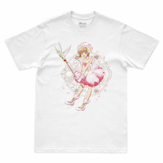 Camiseta Branca Cardcaptor Sakura Traje de Batalha Sakura "Flores"