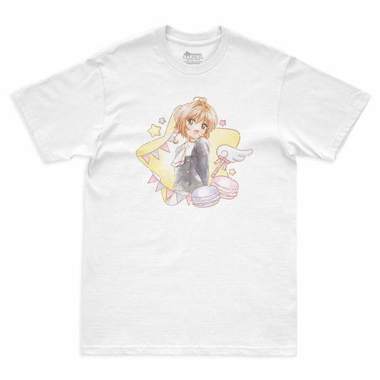 Camiseta Branca Cardcaptor Sakura Escola Tomoeda Sakura "Aquarelada"