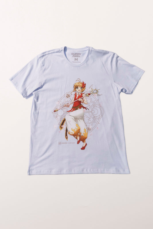 Camiseta Branca Cardcaptor Sakura Traje de Batalha Sakura "Chamas"