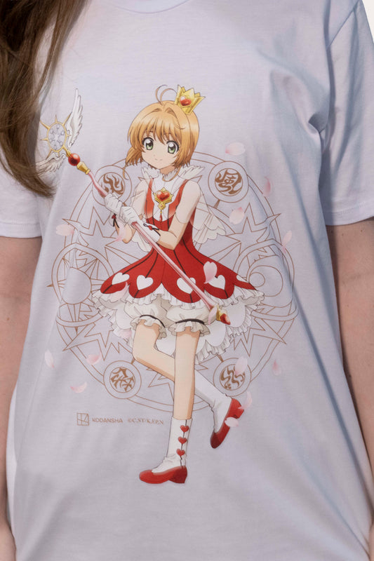 Camiseta Branca Cardcaptor Sakura Traje de Batalha Sakura "Rosas"