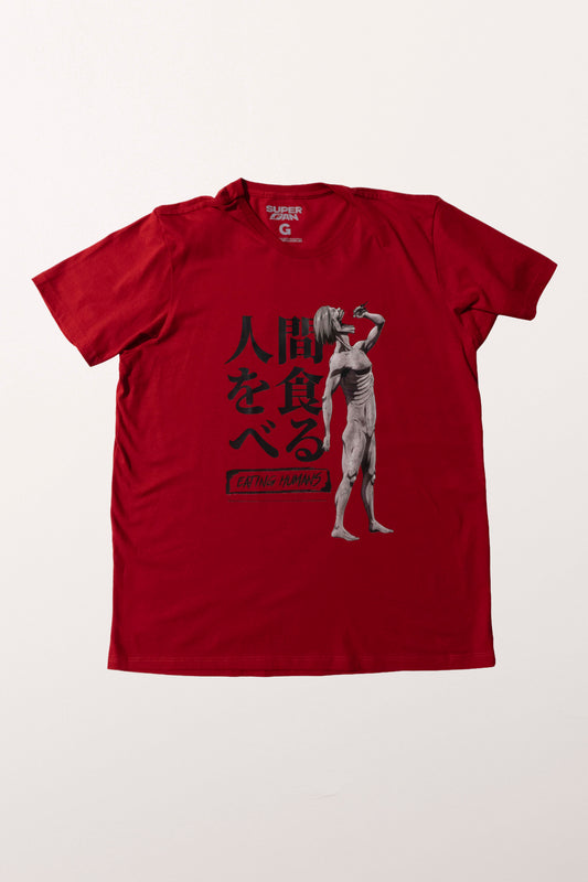 Camiseta Vermelha Attack on Titan Devorando Humanos