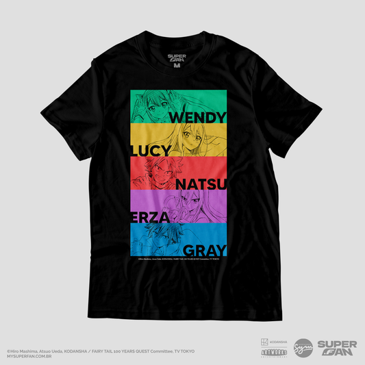 Camiseta Preta FAIRY TAIL 100 YEARS QUEST Natsu, Lucy, Erza, Wendy & Gray