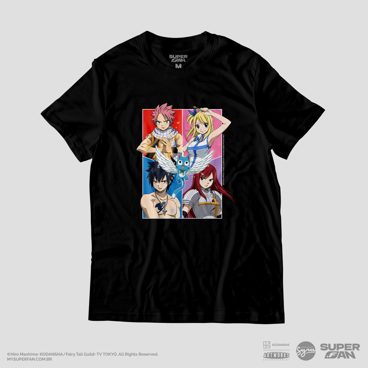 Camiseta Preta FAIRY TAIL Natsu, Happy, Lucy, Erza & Gray